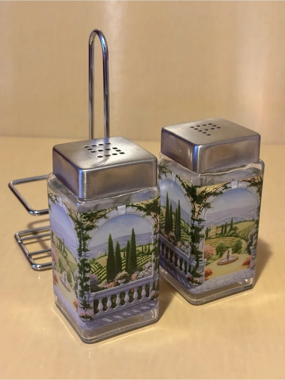 Italian Scene Glass Salt and Pepper Set with Caddy